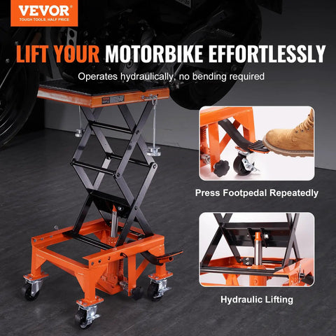 Hydraulic Motorcycle Lift Table With Wide Deck 350 Lbs Capacity Foot Operated Jack For Dirt Bikes And ATVs J Hooks 4 Wheels