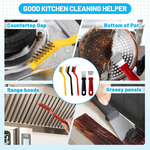 16 Piece Crevice Cleaning Brush Set For Tight Spots And Deep Grime Clean Up shown cleaning kitchen surfaces and cookware.