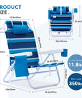 Two Pack Beach Folding Chair With Mesh Fabric Five Position Reclining, blue striped with dimensions and accessories shown