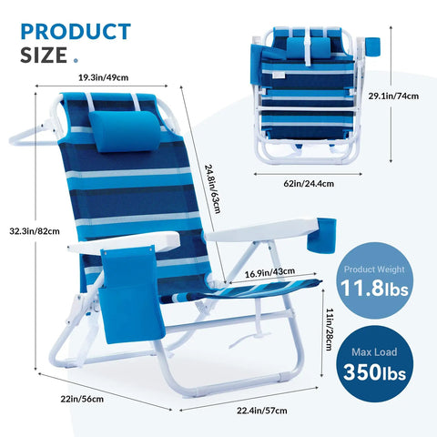 Two Pack Beach Folding Chair With Mesh Fabric Five Position Reclining, blue striped with dimensions and accessories shown