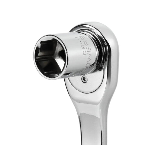 Heavy Duty 11 Piece 1/4 Inch Drive SAE Socket Set With Six Point Chrome Vanadium Heads, close-up of ratchet head.