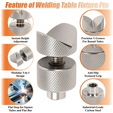 Adjustable Welding Table Fixture Pins Eight Pack Pro Grade Set For Five Eighths Inch Table Holes with precision and rotary dial.