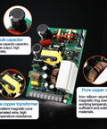 Interior components of a 600W 24V DC Switching Power Supply Regulated All-In-One Converter with capacitors and coils.