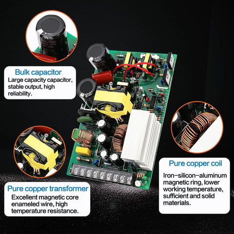 Internal components of Beefy 600W 36V DC Switching Power Supply with bulk capacitors and pure copper coil and transformer details