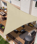 Beige Triangle Sun Shade Sail 6x6x6 Heavy Duty Canopy UV Block Air Permeable HDPE Shade Cloth installed over patio