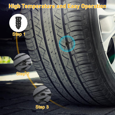 Close-up of tire with repair plug from 90 Piece Tire Repair Kit With 3 Size Vacuum Plugs 30 Each, Self Sealing Screw In Plugs, Includes Screwdriver And Storage Box, Quick Emergency Fix For Cars, Motorcycles, Trucks And Bikes.