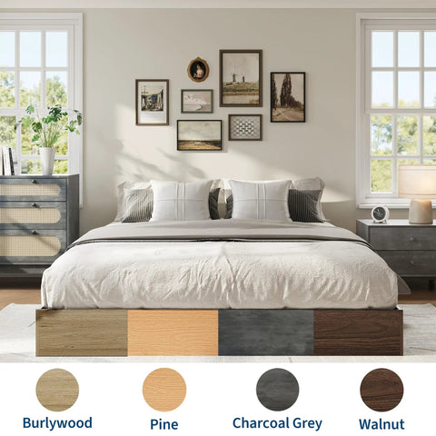 Rock Solid Wooden Queen Platform Bed Frame With Sleek Modern Lines And A Warm Natural Wood Finish Effortless Assembly straight view in cozy bedroom.