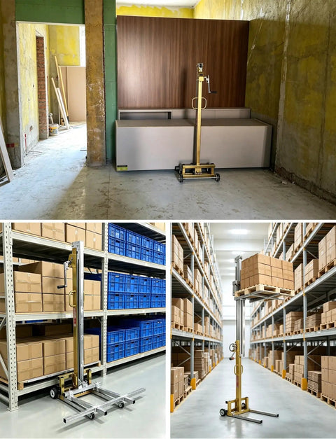 Heavy Duty Manual Cabinet Lifter Rises 60 80kg for Easy Panel Installation and Heavy Moving Tasks in a warehouse setting.