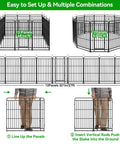 Heavy Duty Dog Playpen 12 Panels 47 Inches High With Solid Iron Crossbars And Reinforced Square Steel Frame 27 Foot Perimeter 57 Sq Ft Portable Yard And RV Camping Fence In Snowy Black, showing various configurations