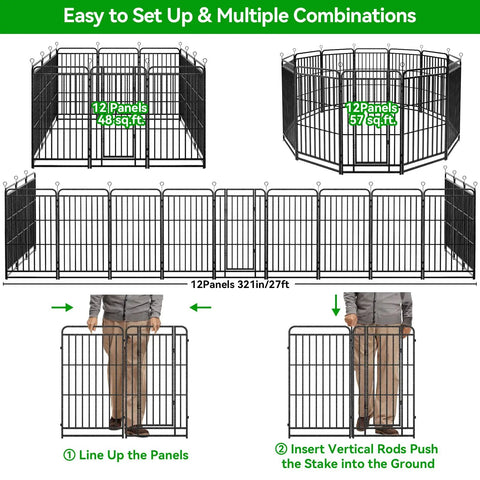 Heavy Duty Dog Playpen 12 Panels 47 Inches High With Solid Iron Crossbars And Reinforced Square Steel Frame 27 Foot Perimeter 57 Sq Ft Portable Yard And RV Camping Fence In Snowy Black, showing various configurations