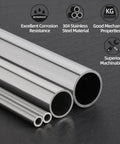 Stainless steel round tubes side view, four pieces, 304 grade seamless, silver finish.