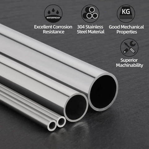 Stainless steel round tubes side view, four pieces, 304 grade seamless, silver finish.