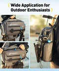 Fishing Sling Bag With Rod Strap, Lightweight Portable Tackle Organizer For Men, Waterproof 1000D Nylon close-up with gear