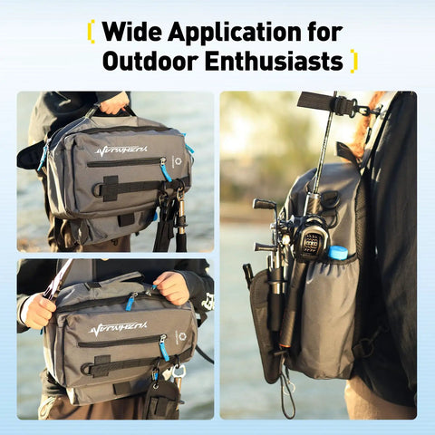Fishing Sling Bag With Rod Strap, Lightweight Portable Tackle Organizer For Men, Waterproof 1000D Nylon close-up with gear
