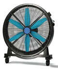 Rock Solid Heavy Duty Mobile Industrial Floor Fan with blue spiral blades, lockable wheels for stable cooling in warehouses.