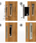 Sliding Door Lock With Invisible Recessed Handle And Latch, Includes Keys, For Pocket Doors And Barn Wood Doors, shown in installation steps