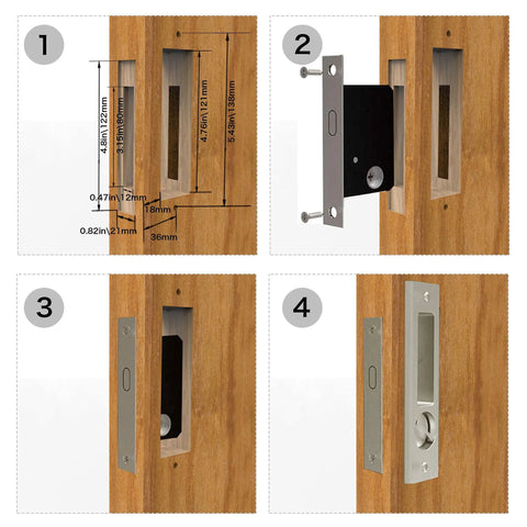 Sliding Door Lock With Invisible Recessed Handle And Latch, Includes Keys, For Pocket Doors And Barn Wood Doors, shown in installation steps