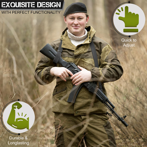 Person holding rifle with Adjustable Two Point Rifle Sling Dope Rugged Nylon Strap showing quick adjust feature in outdoor setting