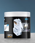 RJ45 Cat6 Pass Through Connectors Pack Of 100 Clear Ethernet Plugs in container for unshielded twisted pair cables.