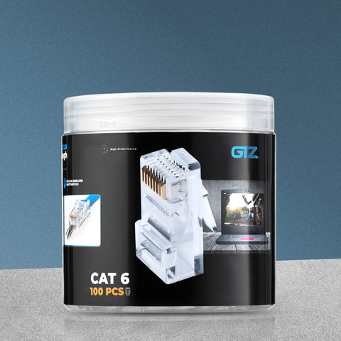 RJ45 Cat6 Pass Through Connectors Pack Of 100 Clear Ethernet Plugs in container for unshielded twisted pair cables.