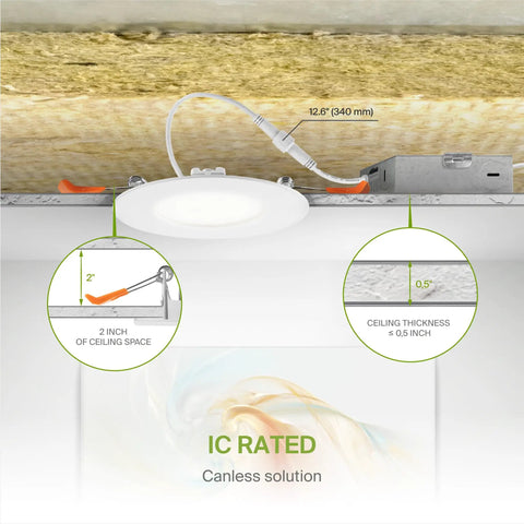 Diagram showing installation of Recessed LED Downlight 4 Inch 2700K to 5000K Dimmable Canless Wafer Ceiling Light With J Box.