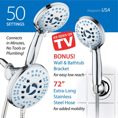 As Seen On TV High Pressure Shower Head System With Handheld And Rain Head 50 Mode 3 Way Shower Kit Anti Clog Jets