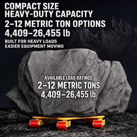 Professional Grade Heavy Duty Industrial Machinery Movers 26455 Lb Capacity on compact skate under massive rock, showcasing load ratings.