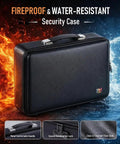 Built Tough Fireproof And Waterproof Document Safe Box With Lock For Papers Laptops And Passports, hard shell black case.