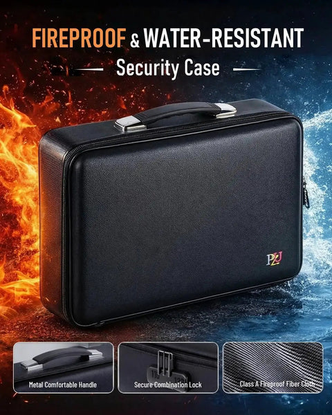 Built Tough Fireproof And Waterproof Document Safe Box With Lock For Papers Laptops And Passports, hard shell black case.