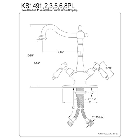 Technical drawing of KS1491PL Vessel Sink Faucet in Polished Chrome with dimensions and installation details.