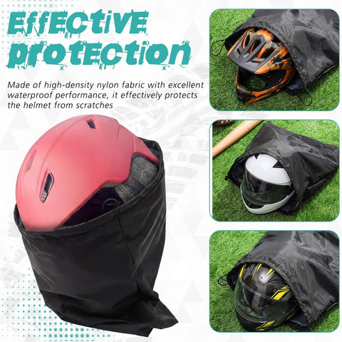 2 Pack Waterproof Motorcycle Helmet Bag with soft lining and drawstring closure protecting helmets, durable black nylon.