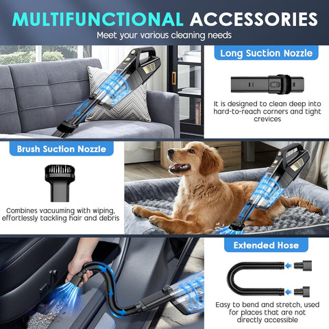 Cordless Handheld Vacuum With 15000Pa Suction And Cyclonic Technology showing multifunctional accessories in use.