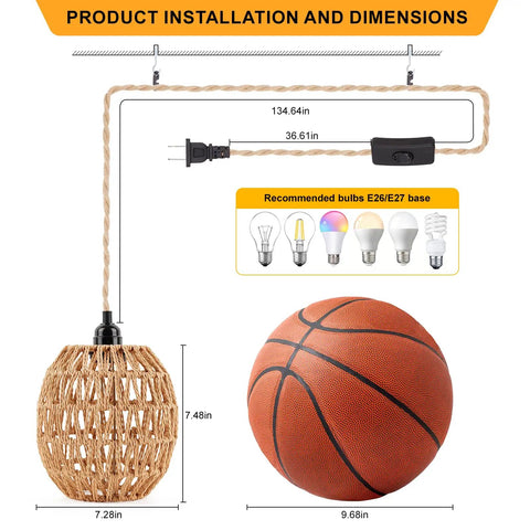 Homebody Essential Plug In Pendant Light Featuring Hand Woven Rattan And Wicker Egg Shade With 15 Ft Cord, dimensions and installation guide.
