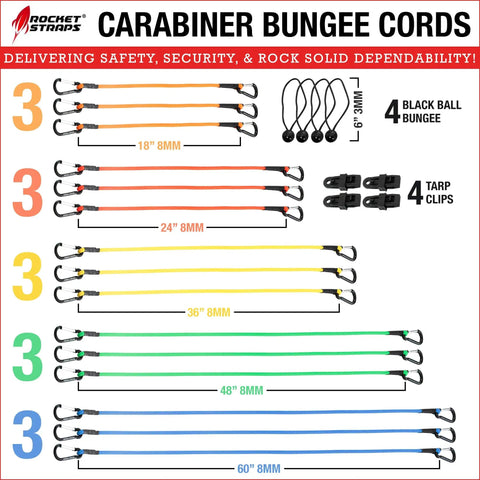 Beefy Heavy Duty Outdoor Bungee Cords With Hooks And Carabiners set including black ball bungees and tarp clips shown in various sizes