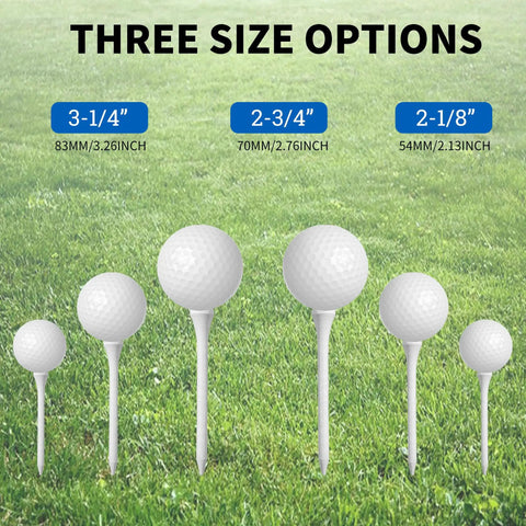 Three size options for Custom Wooden Golf Tees Pack displayed on a grassy field, highlighting 3-1/4, 2-3/4, and 2-1/8 inch sizes.