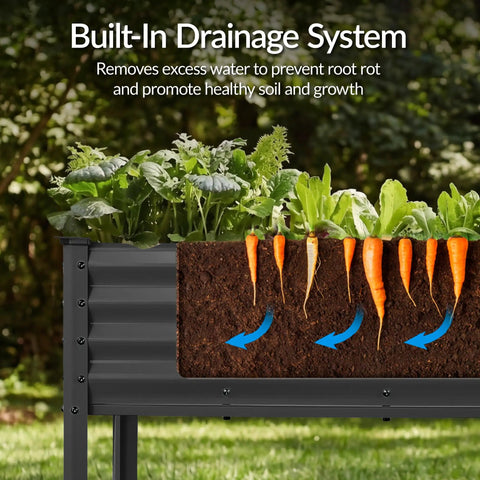 Diagram of Elevated Galvanized Raised Garden Bed 72x24x30 Inches No Toxic Materials For Safe Veggie Garden And Herbs with built-in drainage.