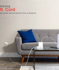 Three-Outlet Power Strip With Surge Protection, Pack Of 10, 8 Ft Braided Extension Cord, Gray/White in living room setup