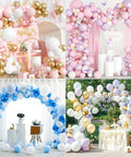 Four balloon arches using Arch Clip Kit For Balloons, Reusable Balloon Garland Decor Accessories, Easy DIY Balloon Backdrop And Arch Setup.