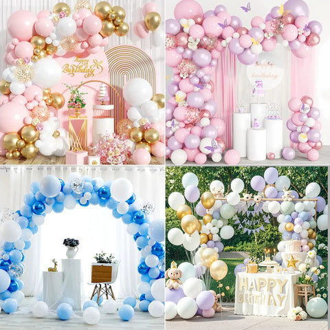 Four balloon arches using Arch Clip Kit For Balloons, Reusable Balloon Garland Decor Accessories, Easy DIY Balloon Backdrop And Arch Setup.