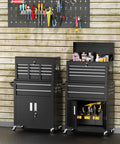 Rollin Tool Chest With Wheels And Eight Drawers, Detachable Top Box And Bottom Cabinet With Locking Mechanism, Heavy Duty Steel Toolbox For Garage, Workshop, And Warehouse, Black Liner Included, High Capacity, shown open and closed