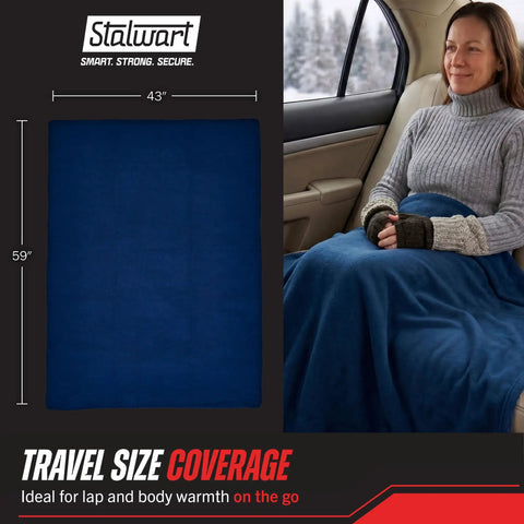 Cozy 12V Heated Car Blanket For Cars Trucks SUVs Or RVs Portable Electric Travel Throw dimensions and in-use view.