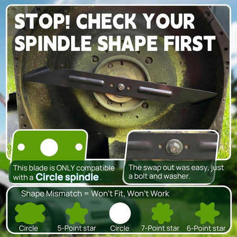 Close-up view of a mulching blade, highlighting compatibility with circle spindle for EGO Electric Lawn Mowers LM2102SP models.