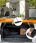 Image of a black Beast Lawn Leveling Rake With 30 By 10 Inch Plate and 73 Inch stainless steel handle in a shed and a car trunk.