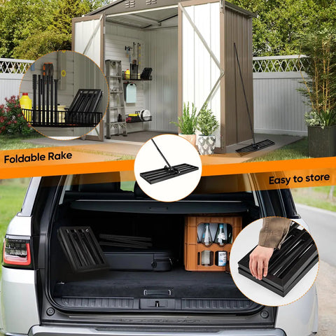 Image of a black Beast Lawn Leveling Rake With 30 By 10 Inch Plate and 73 Inch stainless steel handle in a shed and a car trunk.