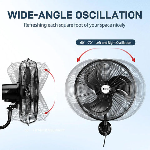 18 Inch Wall Mount Oscillating Fan With Aluminum Blades, High Velocity Airflow Up To 4592 CFM, side and front view