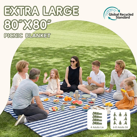 Family picnic on Oversized Waterproof Sandproof Beach Blanket For Picnics And Outdoor Adventures Extra Large 80x80 Inch Foldable Rug
