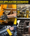 Grease gun kit front/side views; 14 oz capacity, yellow body, 18-inch resin hose, dual-handle coupler.