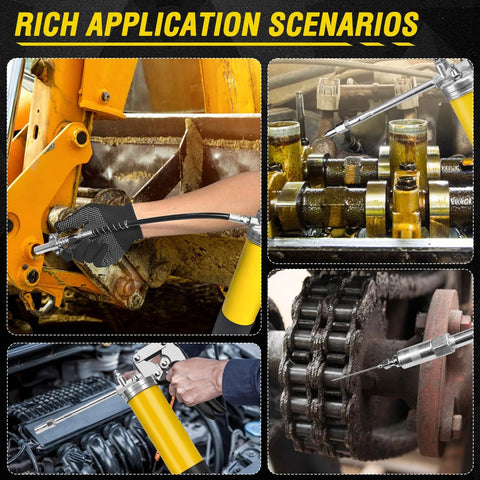 Grease gun kit front/side views; 14 oz capacity, yellow body, 18-inch resin hose, dual-handle coupler.