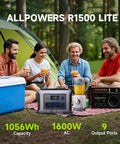 Group camping with R1500 Lite Portable Power Station With SE200 200W Solar Panel Kit, featuring 1056Wh LiFePO4 battery.