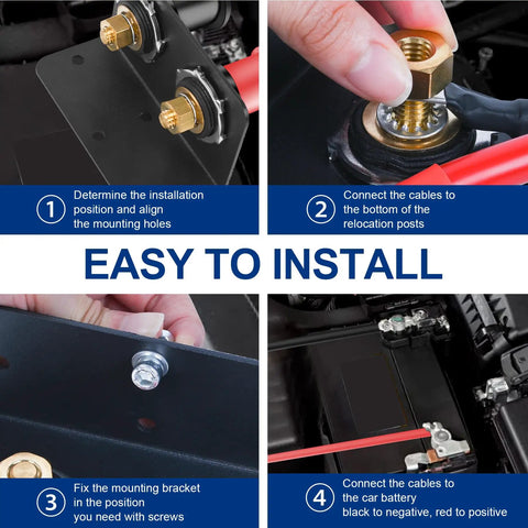 Steps for installing Remote Battery Jump Post Kit With Three Eighth Inch Stud Beefed Up Heavy Duty Mounting Bracket 4 AWG Cables Insulated Boots Battery Relocation